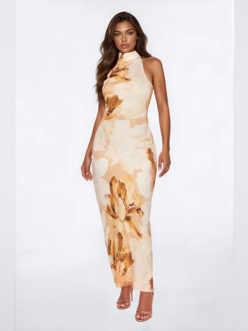 High Neck Floral Maxi Dress in Cream and Gold-Tone